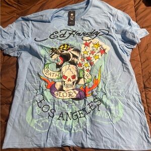 Ed Hardy Light Blue Graphic Tee with Multicolor Design